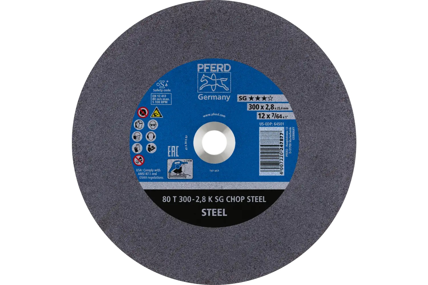 Picture of Pferd Large Diameter Cut-Off Wheel 12" X 7/64 X 1, Sg Chop Steel, K, Aluminum Oxide